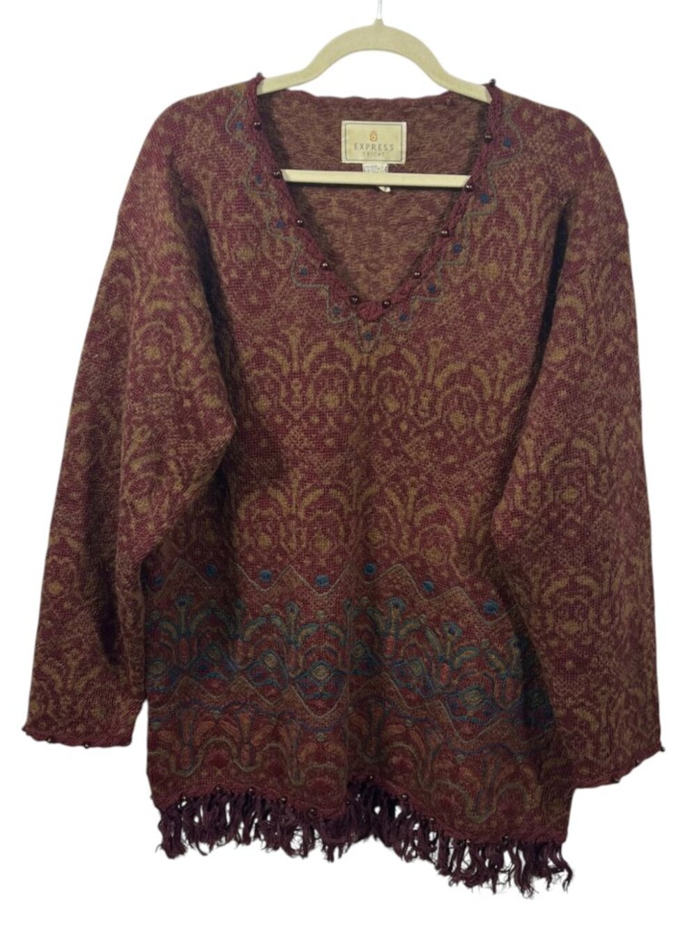 Vtg Express Tricot Sweater Womens Large Boho Tapestry Fringes Ethnic Festival
